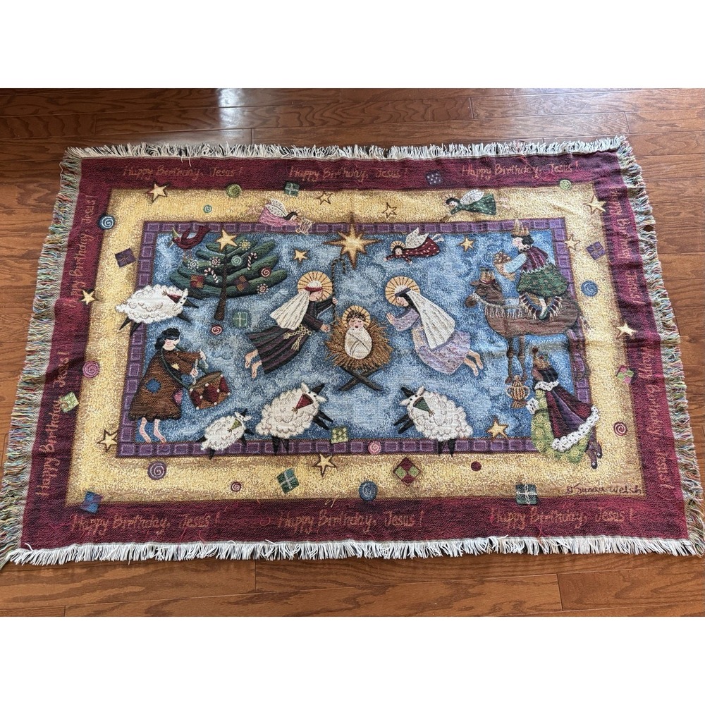 Vintage Christmas Angels Happy Bday Jesus Throw Blanket Tapestry Goodwin Weavers